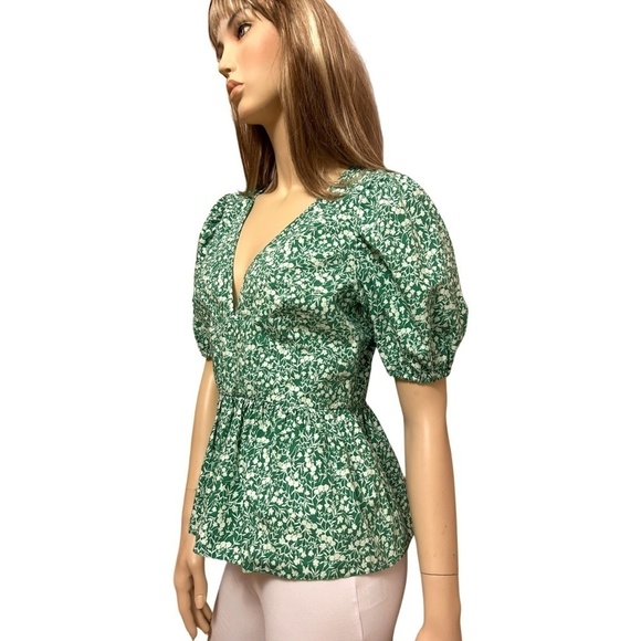 TOPSHOP Blouse Bitsy Green Floral Peplum Shirt Top Cutout Tie Back Plunge Neck - Picture 6 of 14